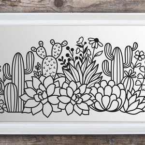 May include: Black and white line art illustration of a desert garden with cacti, succulents, and flowers. The illustration is framed in a white frame.
