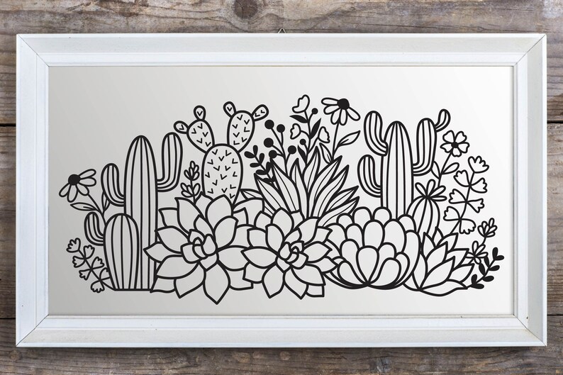 May include: Black and white line art illustration of a desert garden with cacti, succulents, and flowers. The illustration is framed in a white frame.