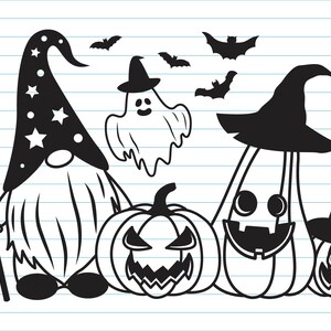 May include: Black and white illustration of a Halloween gnome with a star-patterned hat holding a broom, a ghost, and three jack-o'-lantern pumpkins with witch hats. Bats fly around the characters.