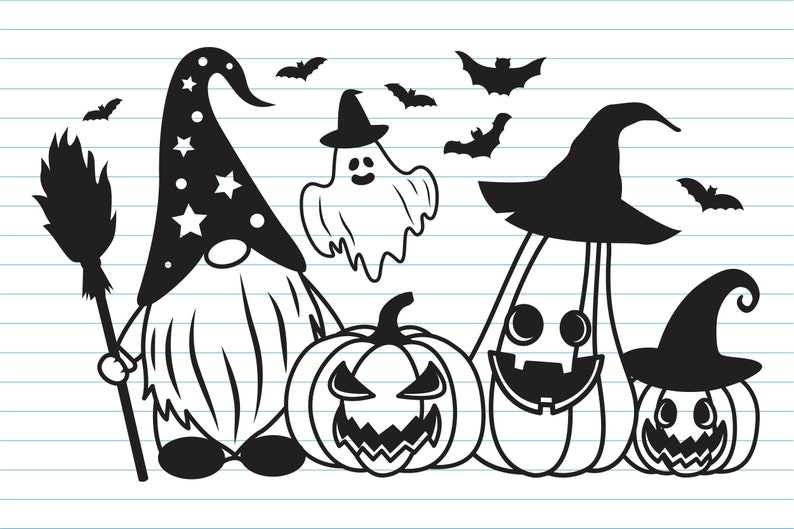 May include: Black and white illustration of a Halloween gnome with a star-patterned hat holding a broom, a ghost, and three jack-o'-lantern pumpkins with witch hats. Bats fly around the characters.