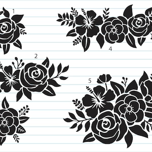 Pode incluir: Cinco arranjos florais em preto e branco com diferentes tipos de flores e desenhos de folhas. Os arranjos s&atilde;o numerados de 1 a 5.