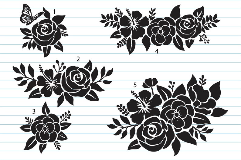 Pode incluir: Cinco arranjos florais em preto e branco com diferentes tipos de flores e desenhos de folhas. Os arranjos s&atilde;o numerados de 1 a 5.