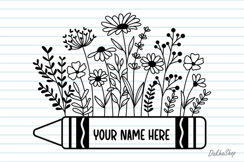 Peut inclure: Illustration en noir et blanc de fleurs et de feuillages sortant d'un crayon. Le crayon porte l'inscription "YOUR NAME HERE". Le fond est un papier lign&eacute;.