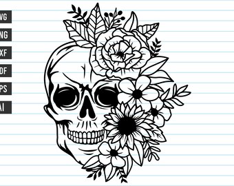 Flower Skull Svg, Skull Svg Files, Skull With Flower Svg, Skull Floral Svg, Skull, Halloween, Skull Clipart, Svg files For Cricut.