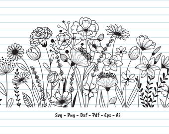 Flower Svg, Wildflower Svg, Hand Drawn Blooming Wildflower Svg, Flowers Svg Cut File, Floral Svg, Botanical Svg Clipart,Svg, Png, Dxf, Eps.