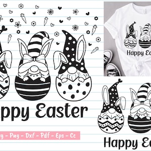 May include: Three black and white gnomes wearing bunny ears and hats are inside of eggs. The gnomes are holding a bow, a carrot, and a flower. The text "Happy Easter" is below the gnomes.
