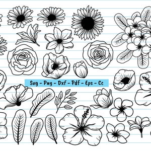 28 Flower Svg, Flower bundle Svg, Hand Drawn Flowers And Leaves Svg, Flower Svg Cut Files, Flower Decoration, Instant Download, Svg, Png.