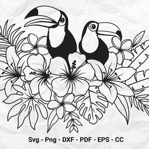 Pássaro tropical Svg, pássaros tucano com flor tropical Svg, flor tropical Svg, flor animal Svg, flor pássaro tropical, pássaro tucano Cricut.