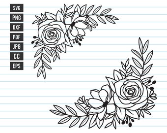 May include: Black and white line art illustration of two floral corner arrangements. Each arrangement features a large rose with smaller flowers and leaves.