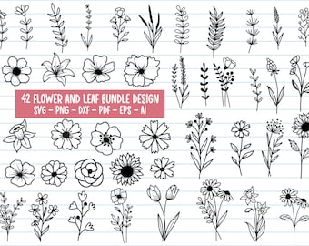 Lot de 42 fleurs Svg, Svg fleur, fleurs sauvages, fleurs et feuilles dessinées à la main, clipart fleur, fleurs, Svg botanique, Svg pour Cricut.