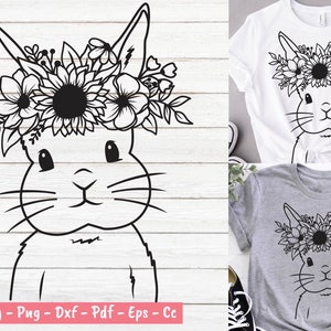 Süßer Hase mit Blumen svg, Kaninchenblumensvg, Osterkaninchensvg, Kaninchensvg, Ostern, Kaninchen, Blume, Tierblume, Häschenblumenkrähe-Svg.