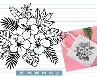 Tropical Hibiscus Flower & Leaves SVG Clipart (Digital Download)