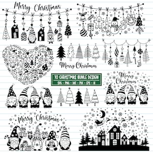 Könnte beinhalten: Schwarz-weiße digitale Designs zum Thema Weihnachten. Das Bild zeigt Illustrationen von Wichteln, Weihnachtsbäumen, Ornamenten und den Text "Merry Christmas". Ein Banner zeigt "10 CHRISTMAS BUNLE DESIGN".