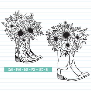 May include: Two pairs of black and white cowboy boots with floral bouquets in the tops. The bouquets are made of sunflowers, roses, and other flowers.