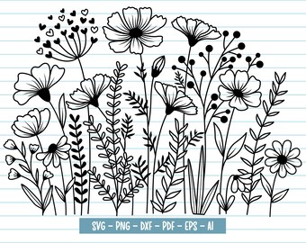 Puede incluir: Ilustración en blanco y negro de línea de un ramo de flores silvestres. Las flores están dibujadas de una manera simple y estilizada, con tallos y hojas delicados. La ilustración es perfecta para usar en proyectos de manualidades, scrapbooking o como descarga digital.
