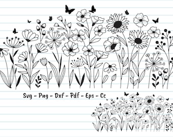 May include: Black and white line art illustration of a field of flowers with butterflies. The flowers are various shapes and sizes, including daisies, sunflowers, and other wildflowers. The butterflies are flying around the flowers.