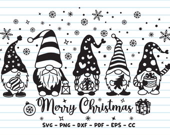 May include: Five black and white gnomes with different hats and accessories. The gnomes are holding a Christmas ornament, a lantern, a gift box, a Christmas tree, and a gift box with a bow. The gnomes are standing in front of a white background with snowflakes and stars. The text "Merry Christmas" is written below the gnomes.