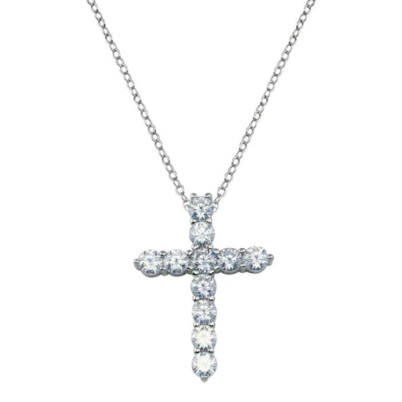Silver 925 Clear CZ Rhodium Plated Classic Cross Pendant Necklace