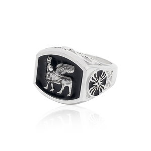 Assyrian lamassu and flag silver ring