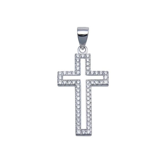 Silver 925 Rhodium Plated CZ Border Small Cross Hip Hop Pendant