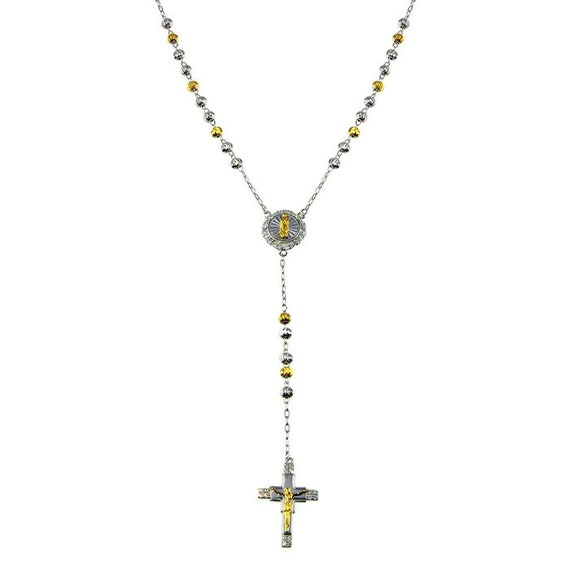 Silver 925 2 Toned Plated DC Beaded CZ Cross Rosary