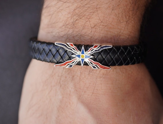 Assyrian flag silver and leather bracelet.