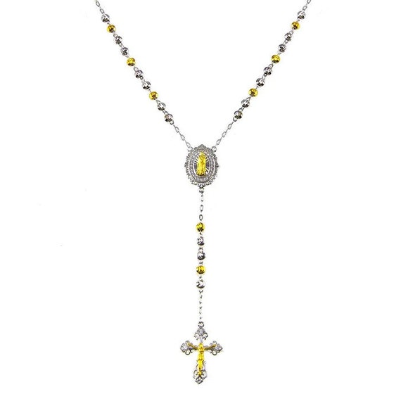 Silver 925 2 Toned Plated DC Beaded CZ Medallion Rosary
