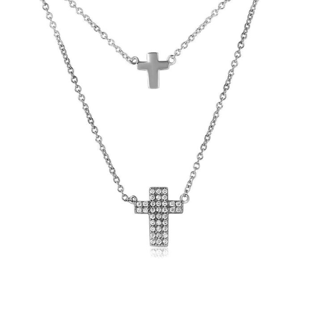 Silver 925 Rhodium Plated Double Cross Necklace Etsy