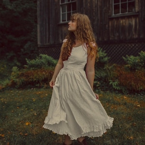 Lauretta Dress in Meringue Linen-Cream Off White Ruffle Layered Petticoat Skirt Linen Button Down Cap Sleeve Dress