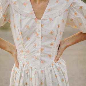 Juliette Dress in Organic Rosebud Cotton-Pink and White Floral Organic Cotton Puffed Sleeve Lace Edwardian Vintage Button Down Dress