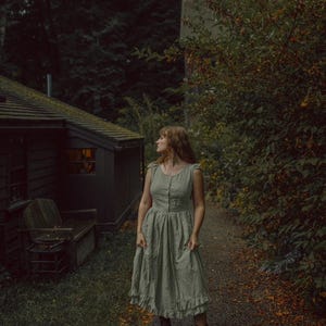 Lauretta Dress in Moss Linen-Green Ruffle Layered Petticoat Skirt Linen Button Down Cap Sleeve Dress