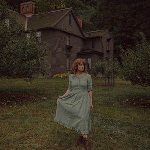 Alcott Dress in Moss Linen-Green Button Down Minimalist Linen Ruffle Midi Dress