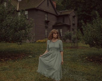 Alcott Dress in Moss Linen-Green Button Down Minimalist Linen Ruffle Midi Dress