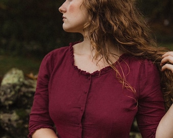 Alcott Dress in Cranberry Linen-Red Button Down Minimalist Linen Ruffle Midi Dress