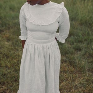 Hattie Dress in Seashell Linen-White Linen Ruffle High Neckline Prairie Dress
