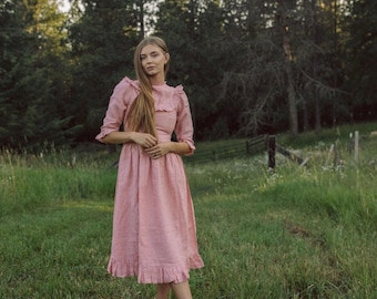 Hattie Dress in Clay Linen-Pink Linen Ruffle High Neckline Prairie Dress