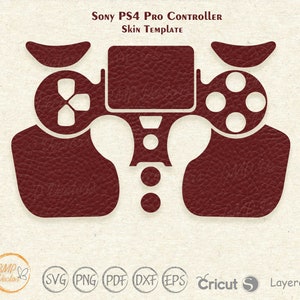 Puede incluir: Una silueta roja de un mando Sony PS4 Pro, con el texto "SONY PS4 PRO CONTROLLER Skin TEMPLATE" encima. La imagen está sobre un fondo beige.