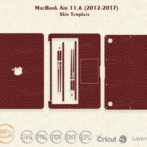 May include: A template for a skin decal for a MacBook Air 11.6, released between 2012 and 2017. The template shows the layout of the laptop, including the keyboard, trackpad, and logo area. The template is in a dark red color.
