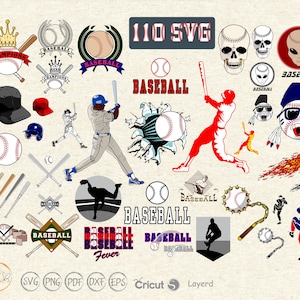 May include: A collection of 110 baseball-themed SVG files. The images include baseballs, bats, gloves, players, and other related designs. The text "110 SVG" is displayed in the top center of the image.