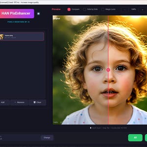 Puede incluir: Una pantalla de ordenador muestra la interfaz del software HAN PixEnhancer. La interfaz muestra una vista dividida de una imagen, con el original a la izquierda y una versión procesada a la derecha. El nombre del software se muestra en la parte superior.