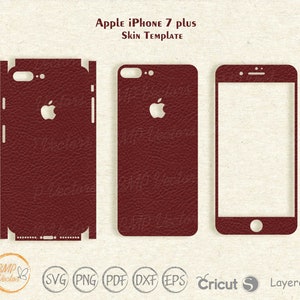 Puede incluir: Una plantilla para una piel de cuero roja para un Apple iPhone 7 Plus. La plantilla incluye la parte delantera, trasera y los lados del teléfono. La plantilla está disponible en los formatos SVG, PNG, PDF, DXF, EPS y Cricut.