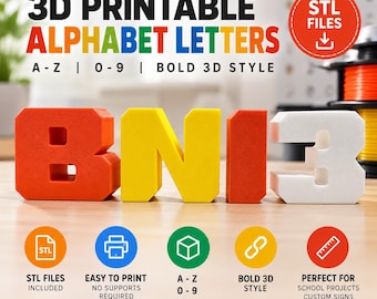 3D Printable Alphabet STL A-Z , 0-9, Two Piece Interlocking Letters & Numbers, Supportless 3D Print Files, Commercial Use
