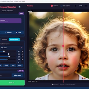 May include: Screenshot of the HAN Image Upscaler software interface. The interface shows a split view of an image, with the original on the left and the enhanced result on the right. The software has options for image enhancement, including sharpness and contrast.