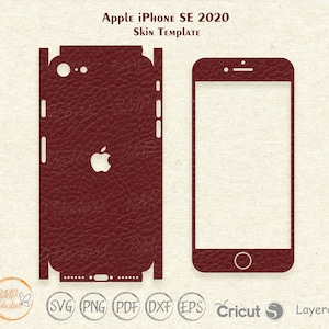 以下が含まれることがあります： Apple iPhone SE 2020 用の電話スキン用テンプレート。テンプレートは、革の質感のあるマルーンカラーで表示されています。テンプレートには、電話の前面と背面、カメラ、スピーカー、ボタン用の切り抜きが含まれています。