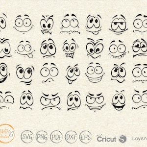 Adesivo viso in formato SVG, Cartoon in formato SVG, Occhi di cartone animato Face Emoji Bundle in formato SVG, Smile Face in formato SVG, Immagini occhi carini per il download istantaneo di Cricut Silhouette