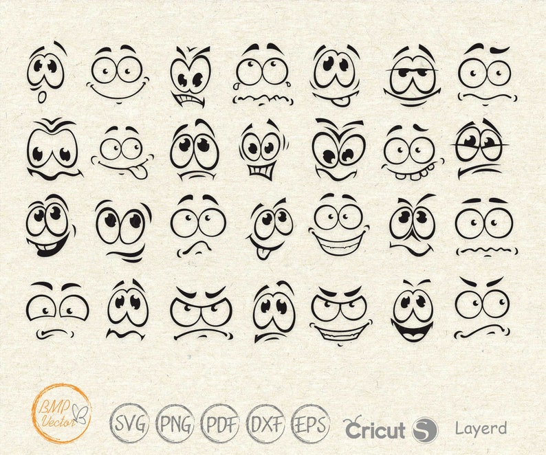 May include: A set of 25 black and white cartoon faces with different expressions. The faces have large eyes and various mouth shapes, including smiling, frowning, surprised, and confused.