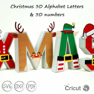 Letras del alfabeto 3D de Navidad A-Z y plantilla 0-9 SVG, letras 3D de Navidad para Cricut, Silhouette Cameo, máquina de corte por láser de Navidad