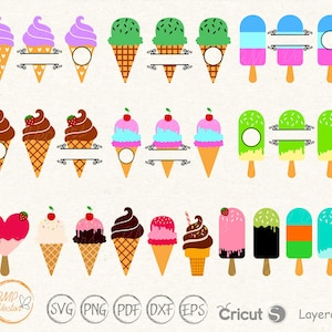 Op de afbeelding: Een set van 15 digitale snijbestanden met verschillende ijshoorn- en ijslollyontwerpen. De ontwerpen omvatten een verscheidenheid aan kleuren, smaken en toppings, zoals chocolade, aardbei, vanille, sprinkels en kersen. De bestanden zijn perfect voor het maken van gepersonaliseerde knutselwerken, zoals T-shirts, mokken en woonaccessoires.