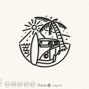 Könnte beinhalten: Schwarz-Weiß-Linienkunst-Illustration einer Strandszene in einem Kreis. Ein Oldtimer-Van parkt neben einem Surfbrett und einer Palme. Sonne und Wellen sind ebenfalls dargestellt. Das Bild enthält den Text "BMP Vector" und Dateityp-Symbole.