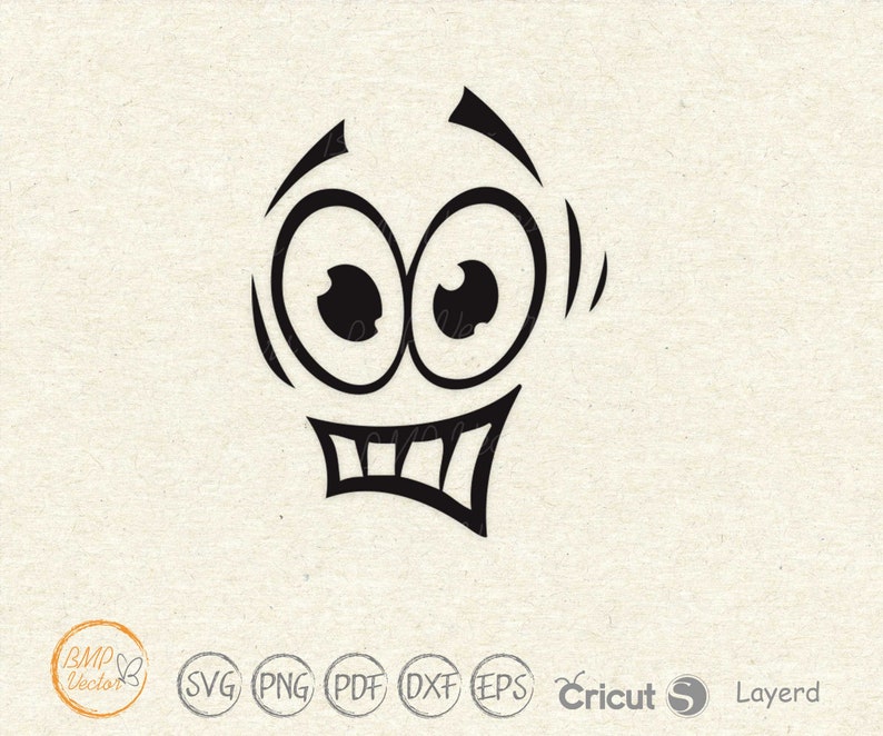 May include: Black and white cartoon illustration of a face with wide eyes and a surprised expression.